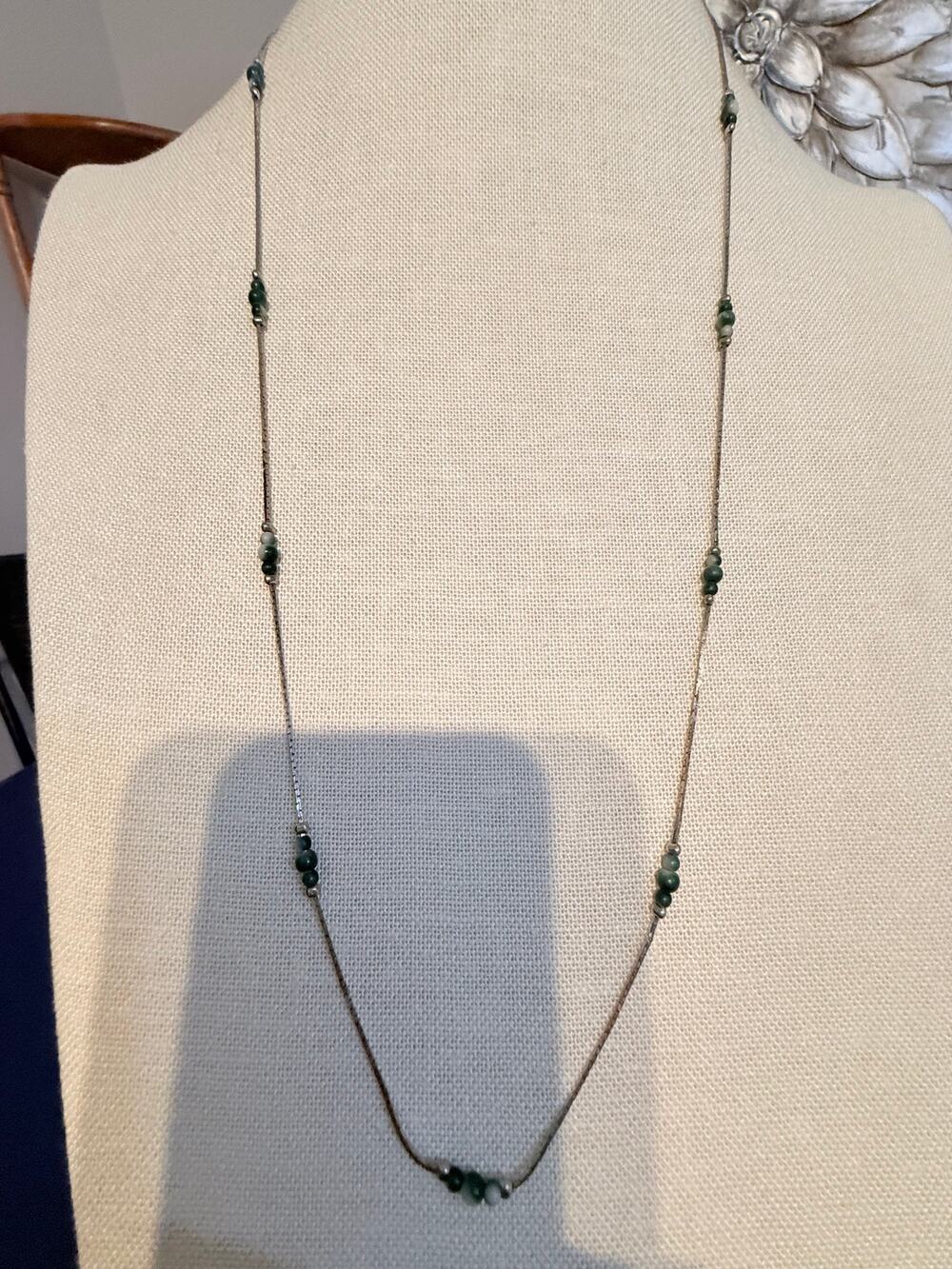 Vintage Green Bead Station Necklace 28”